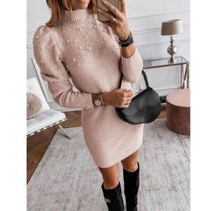 Baby Pink Sweater Short Mini Dress Faux Pearl Embellished Long Sleeve